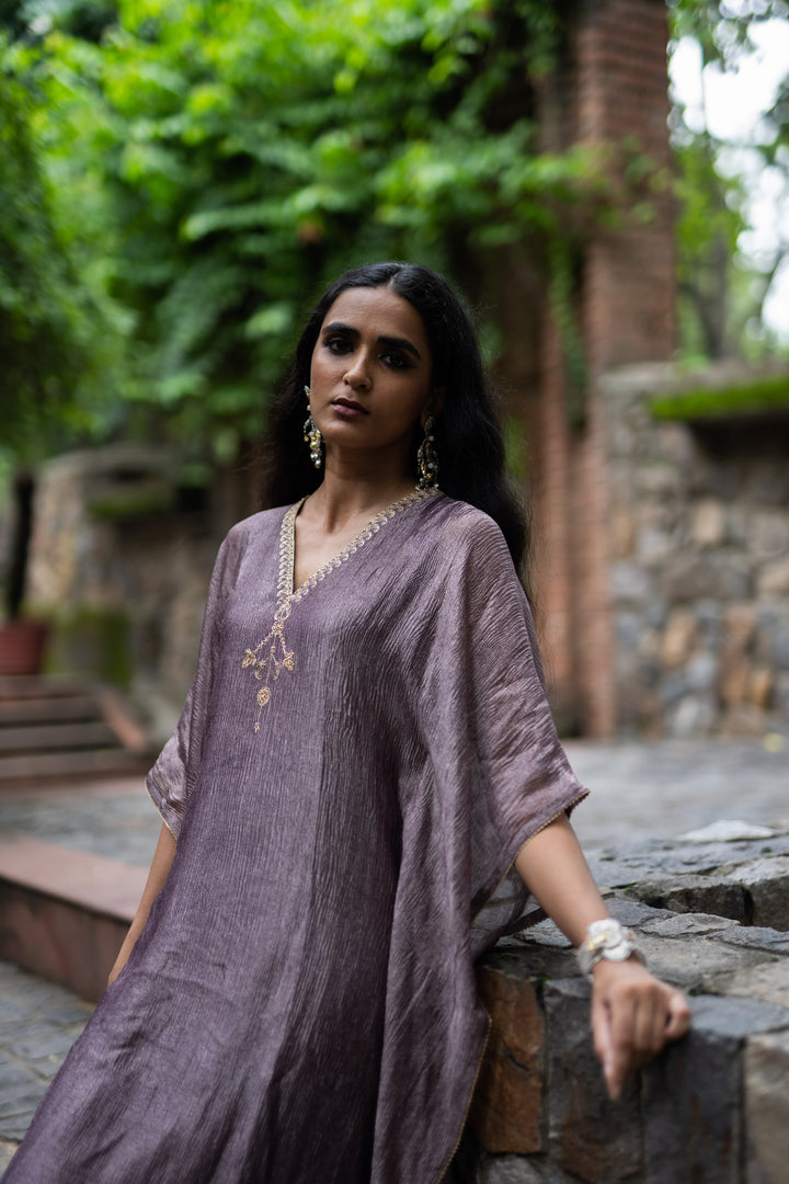 violet hand embroidered metallic kaftan