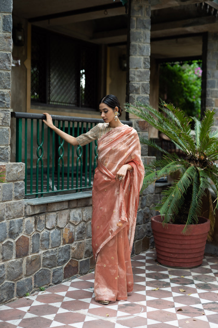 blush pink hand embroidered tissue silk saree with blouse