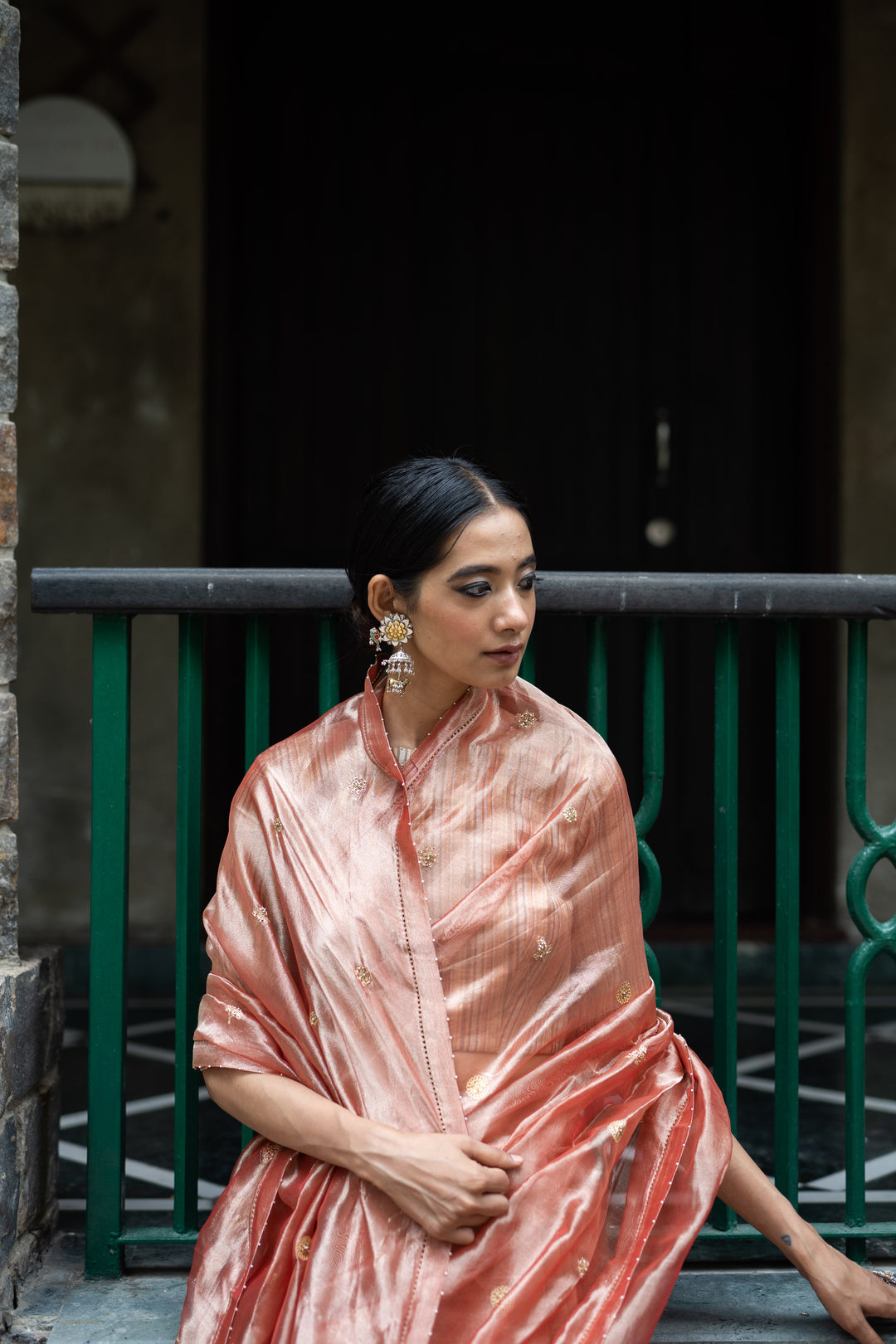 blush pink hand embroidered tissue silk saree with blouse