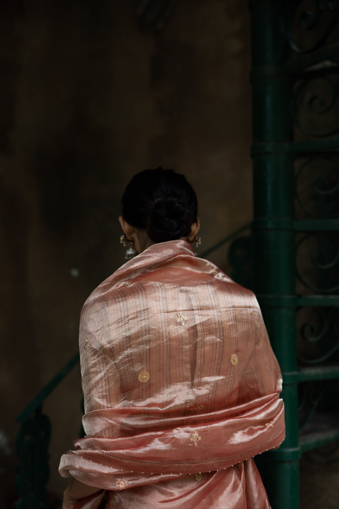 blush pink hand embroidered tissue silk saree with blouse