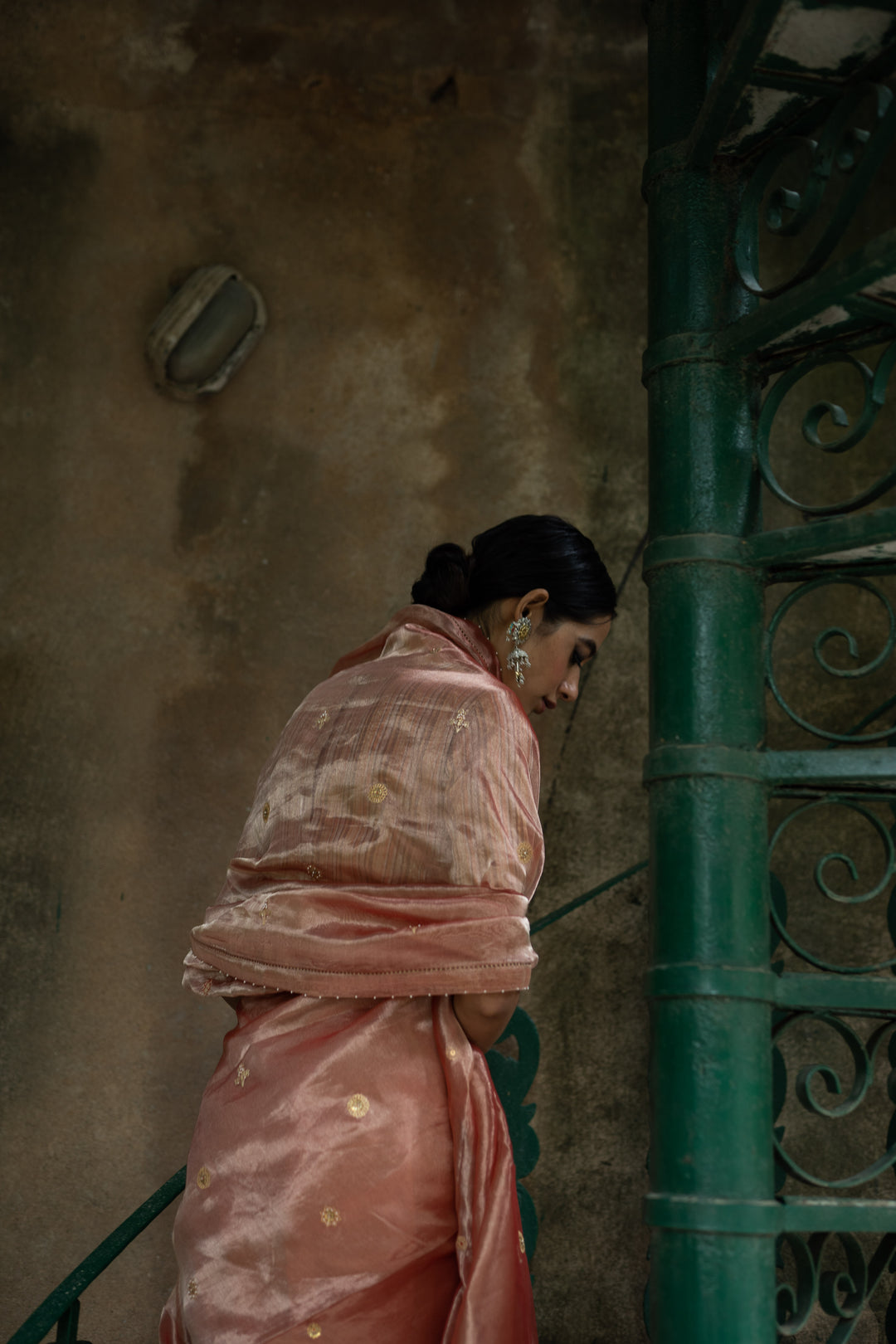 blush pink hand embroidered tissue silk saree with blouse