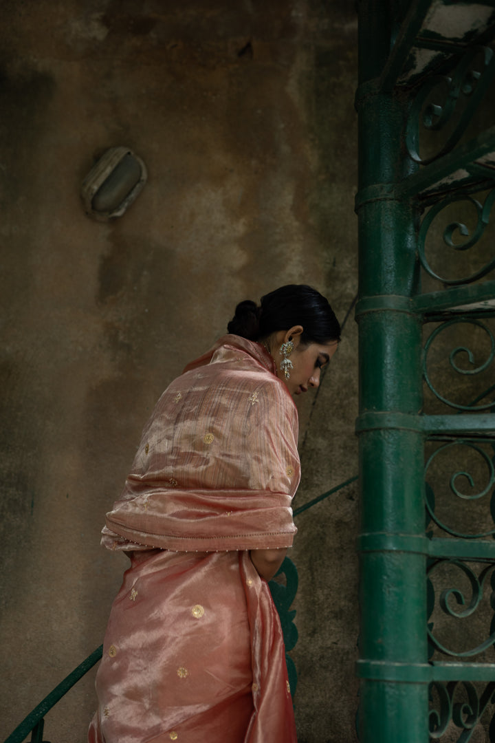 blush pink hand embroidered tissue silk saree with blouse