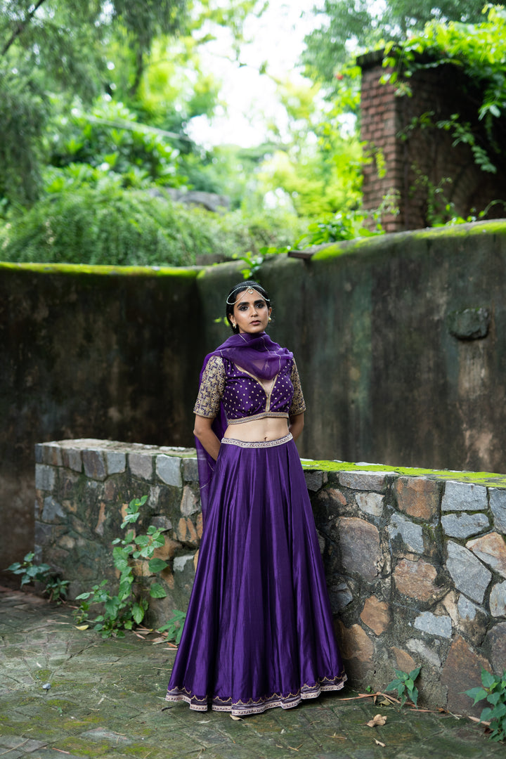 violet hand embroidered kalli lehenga set