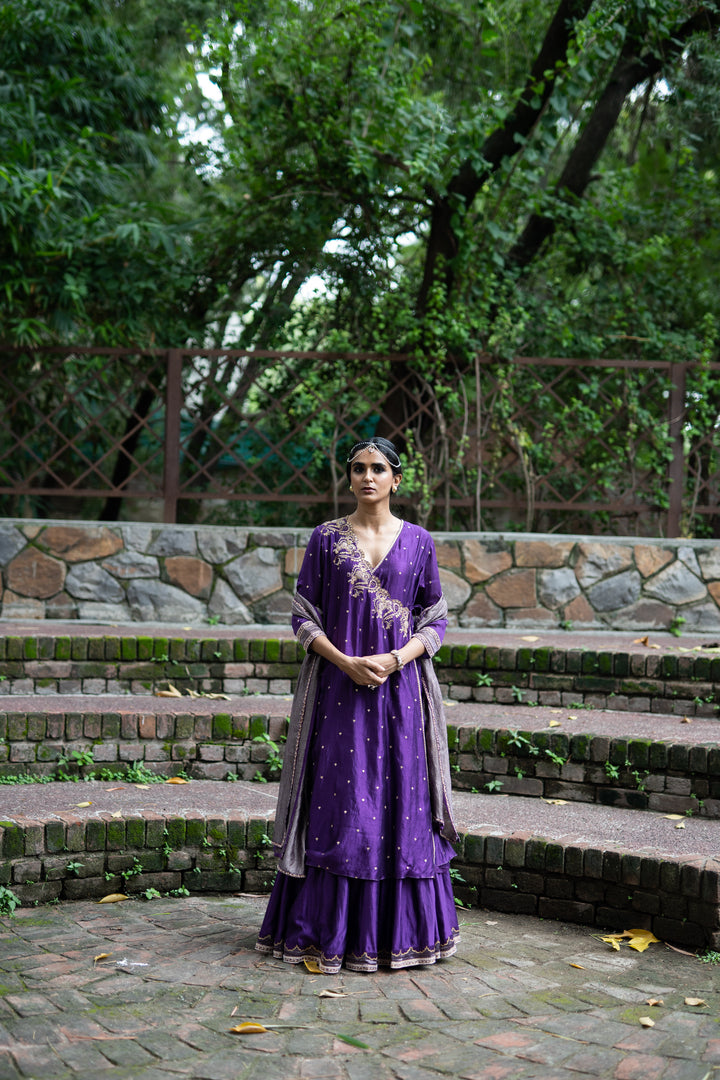 violet hand embroidered angrakha set
