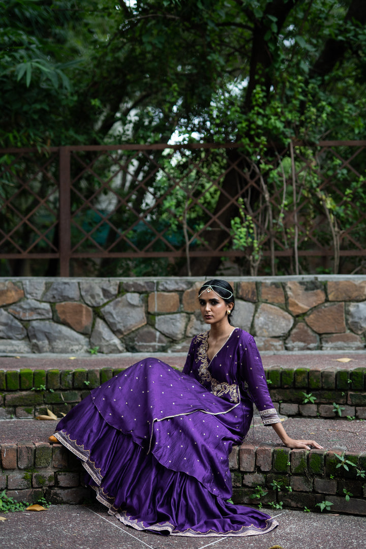violet hand embroidered angrakha set