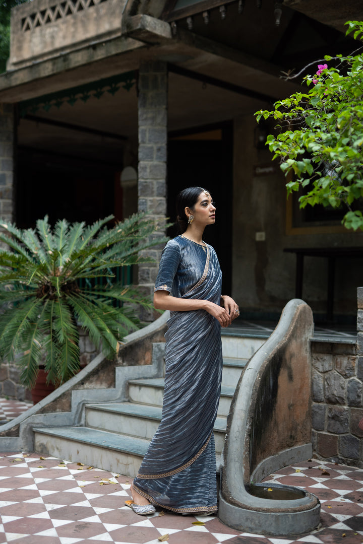 cobalt blue hand embroidered metallic saree with blouse