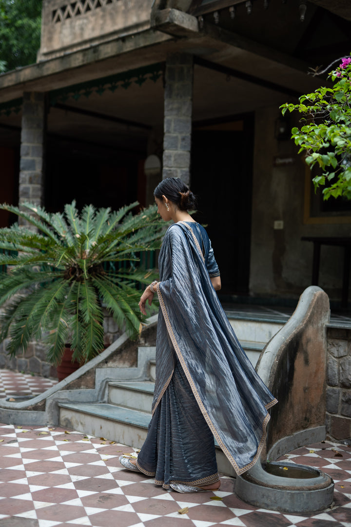 cobalt blue hand embroidered metallic saree with blouse