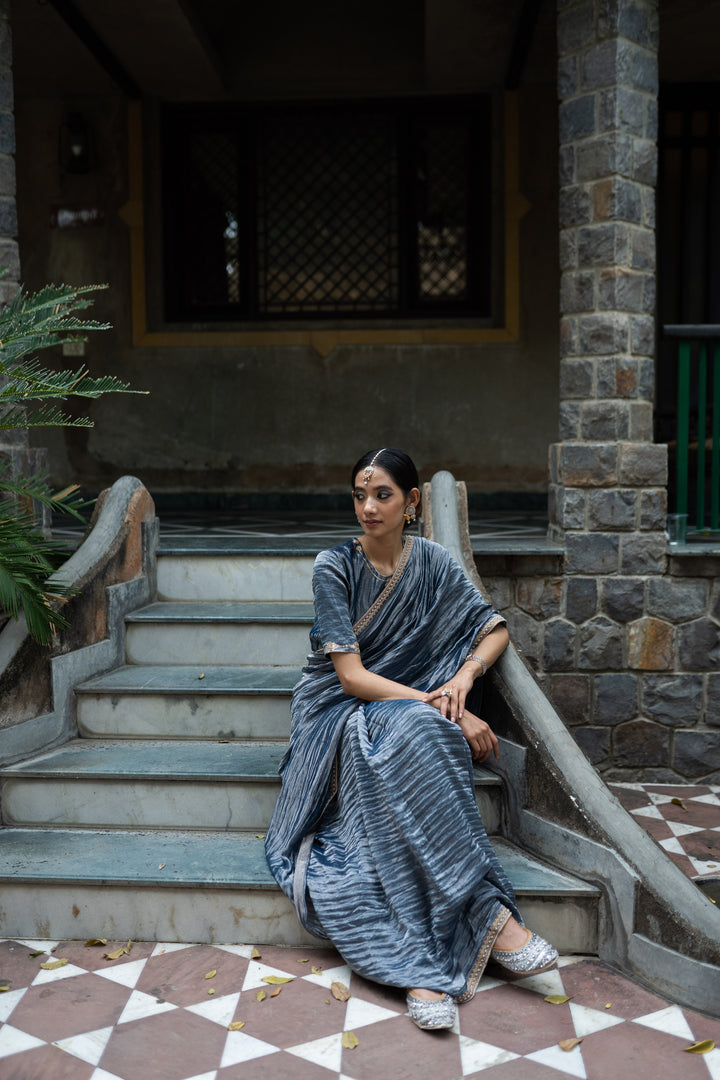 cobalt blue hand embroidered metallic saree with blouse