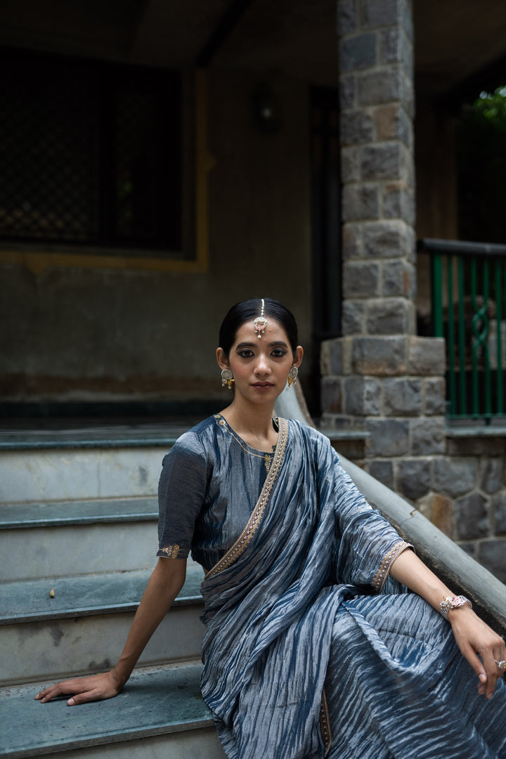 cobalt blue hand embroidered metallic saree with blouse