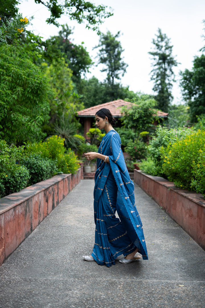 cobalt blue hand embroidered saree with blouse