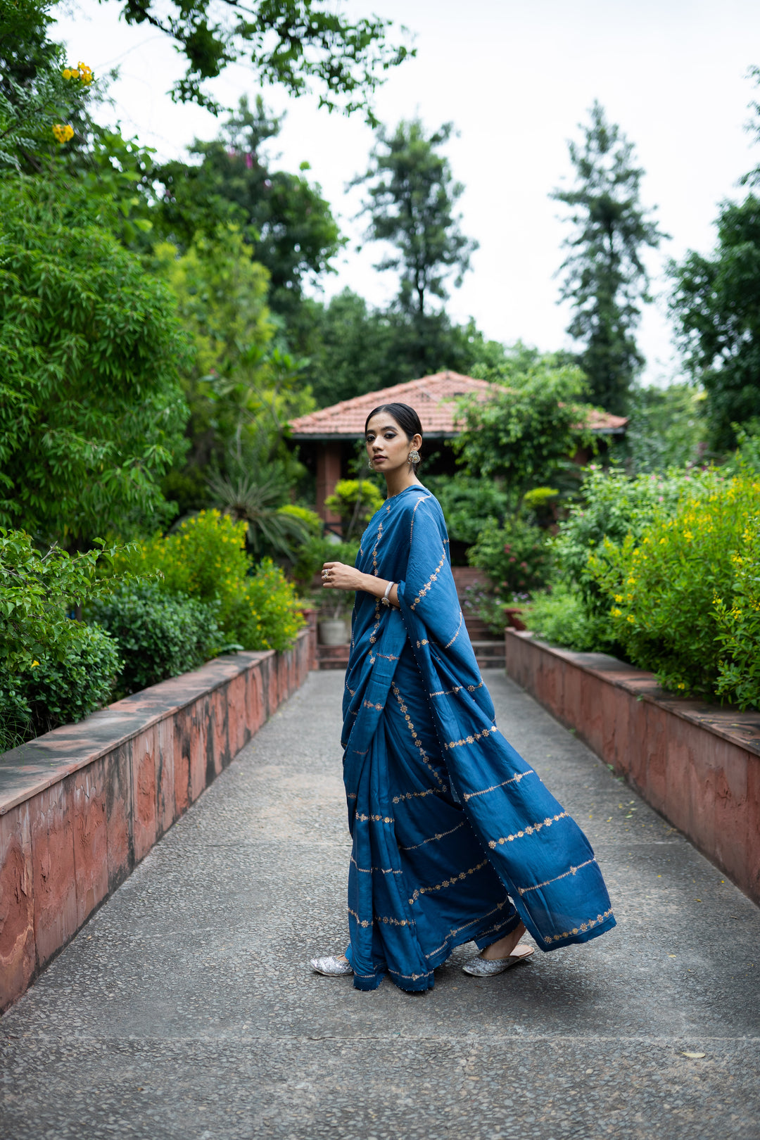 cobalt blue hand embroidered saree with blouse