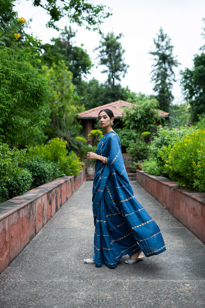 cobalt blue hand embroidered saree with blouse