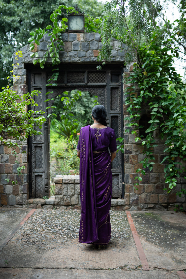 violet hand interval embroidered saree with blouse