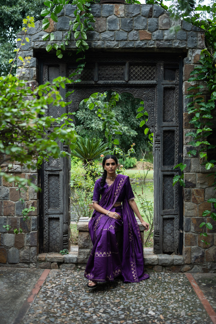 violet hand interval embroidered saree with blouse