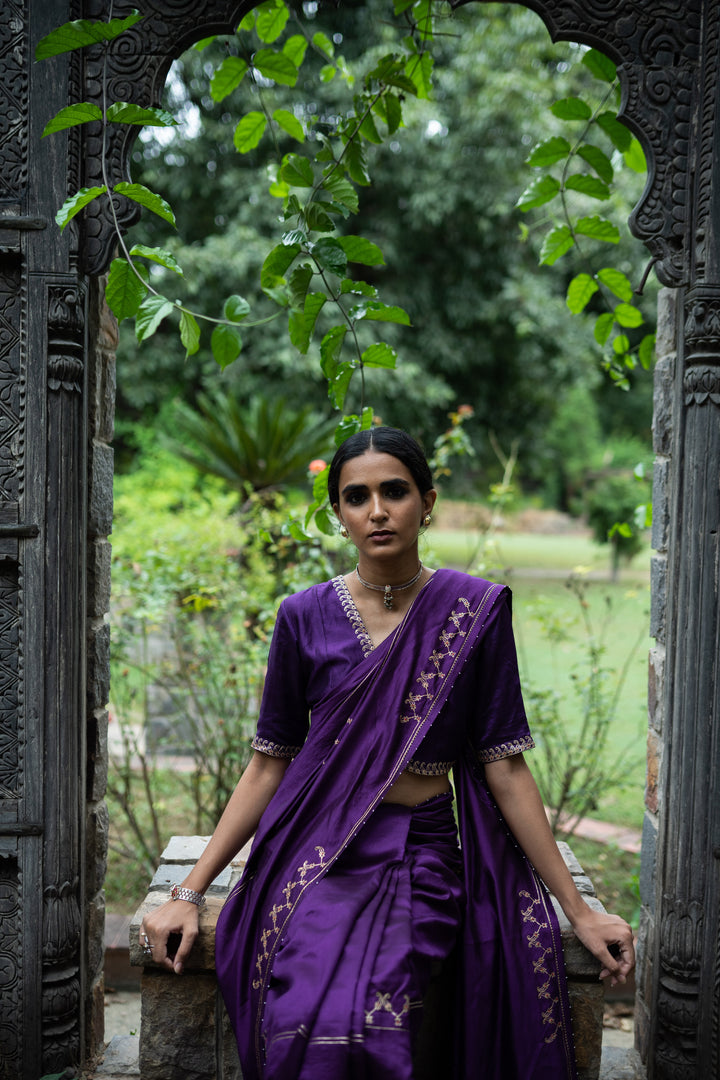violet hand interval embroidered saree with blouse