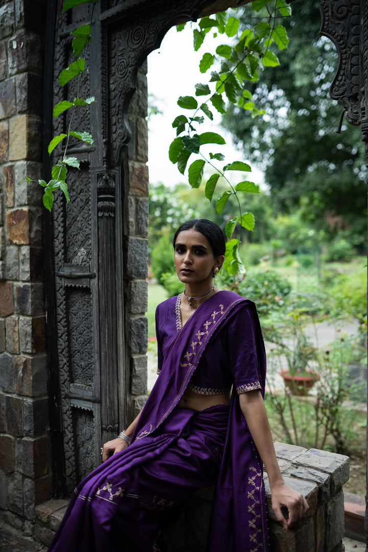 violet hand interval embroidered saree with blouse