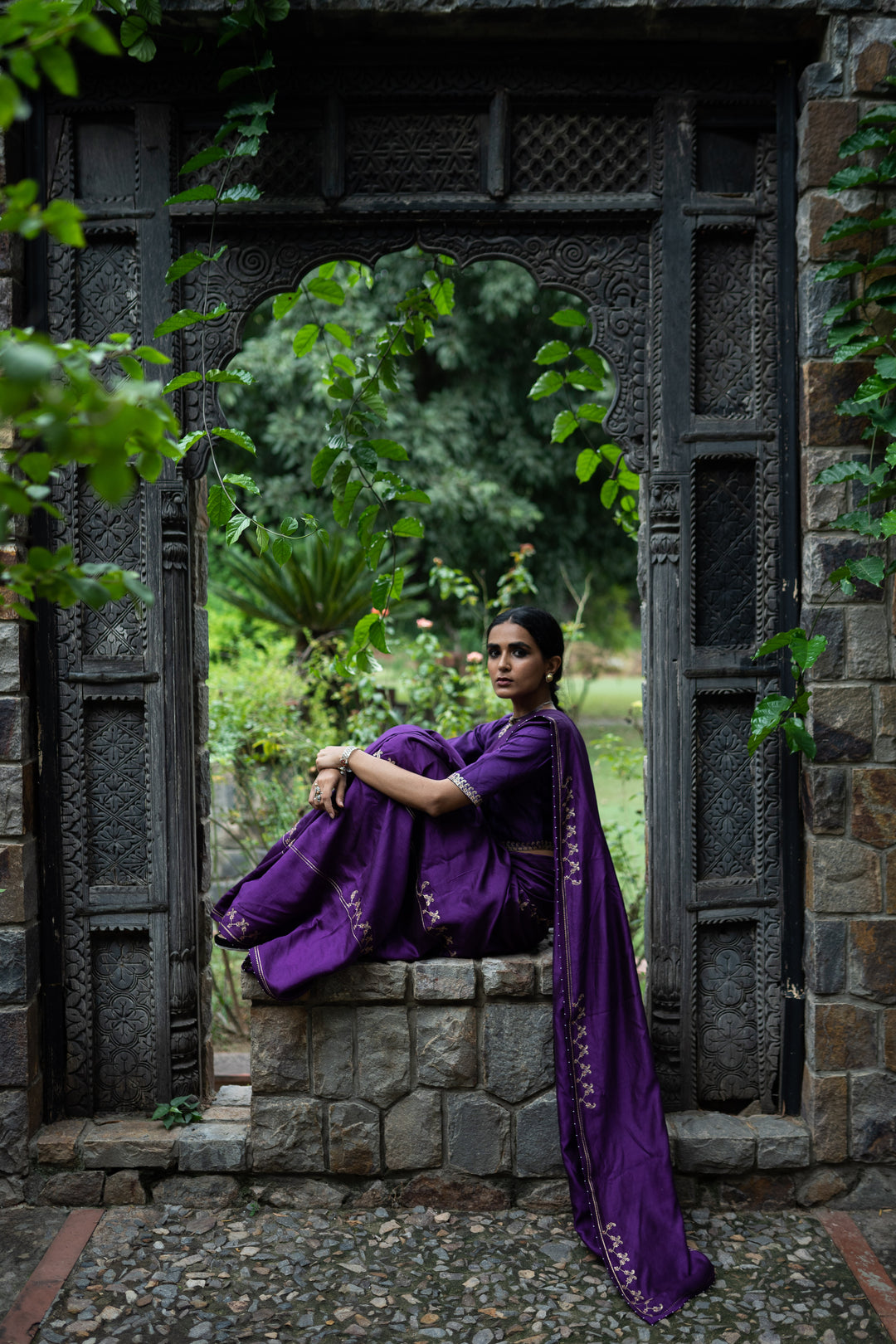 violet hand interval embroidered saree with blouse