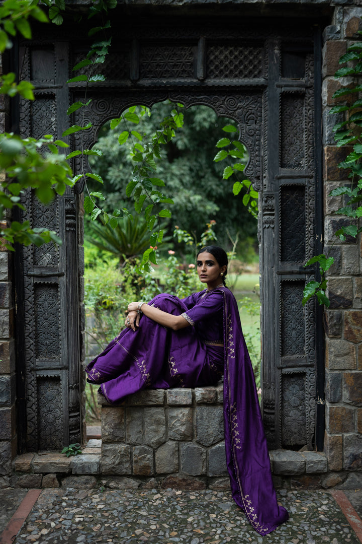 violet hand interval embroidered saree with blouse