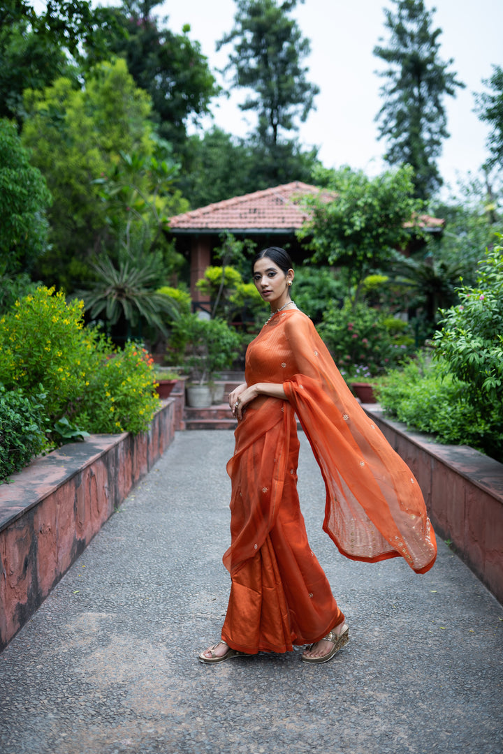 rust orange half and half hand embroidered saree with blouse