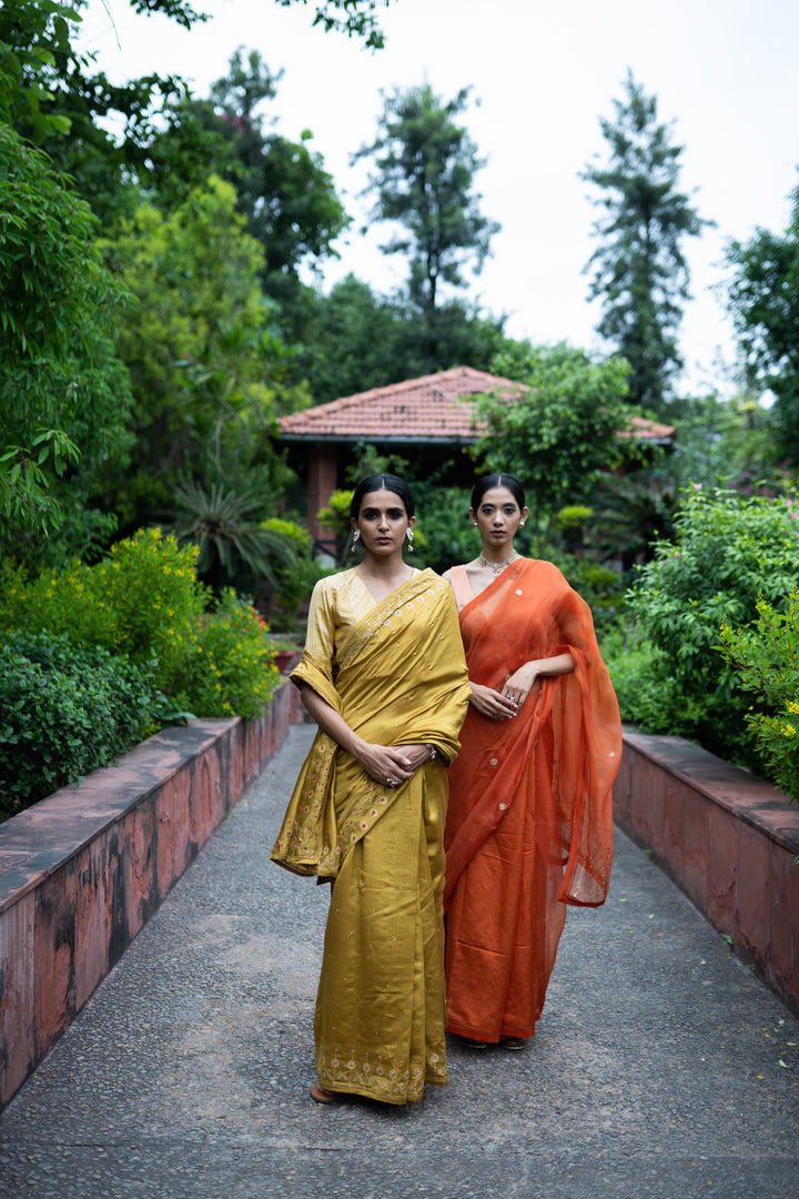 molten gold yellow hand embroidered saree with blouse