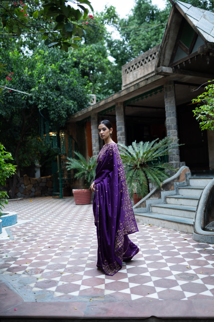 violet hand embroidered silk saree