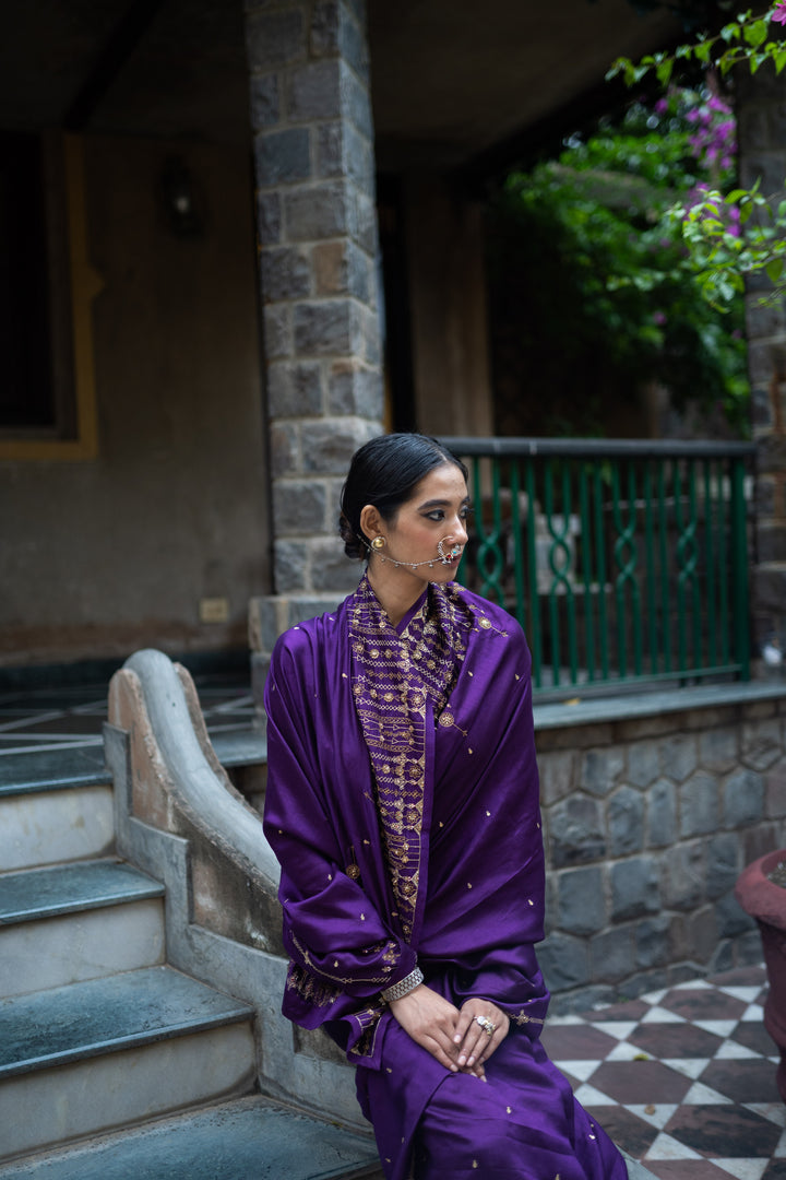 violet hand embroidered silk saree