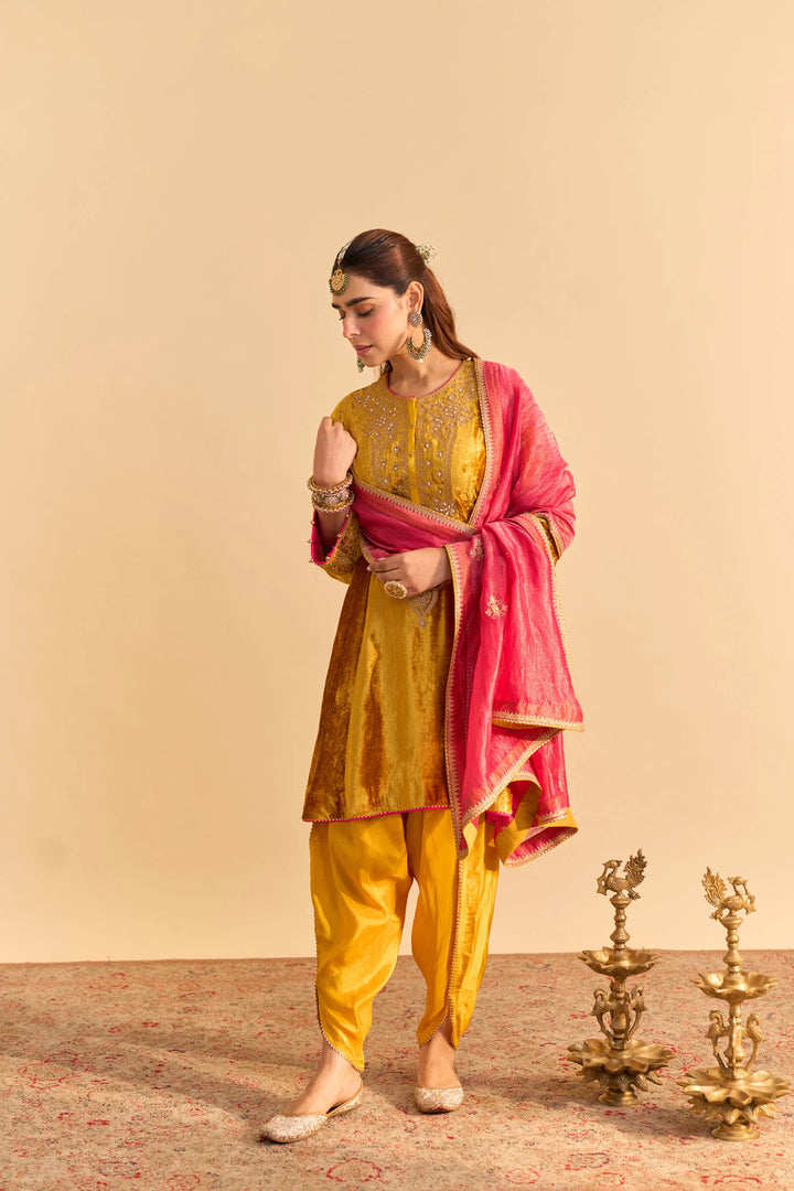 Laiba - velvet Mustard A-line Kurta with Dhoti
