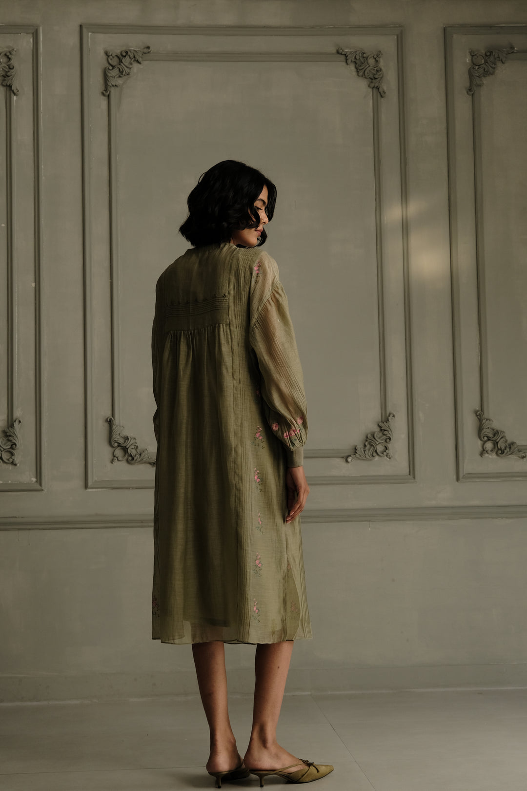 Sage Green Dress in Mul Chanderi With Belt and Hand Embroidery