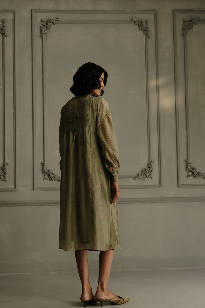 Sage Green Dress in Mul Chanderi With Belt and Hand Embroidery