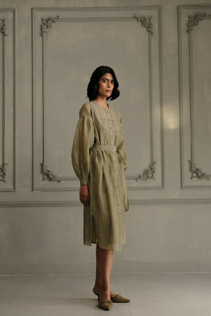 Sage Green Dress in Mul Chanderi With Belt and Hand Embroidery