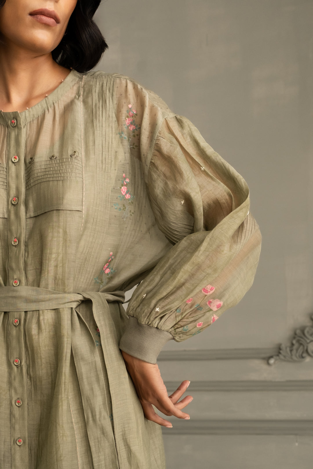 Sage Green Dress in Mul Chanderi With Belt and Hand Embroidery