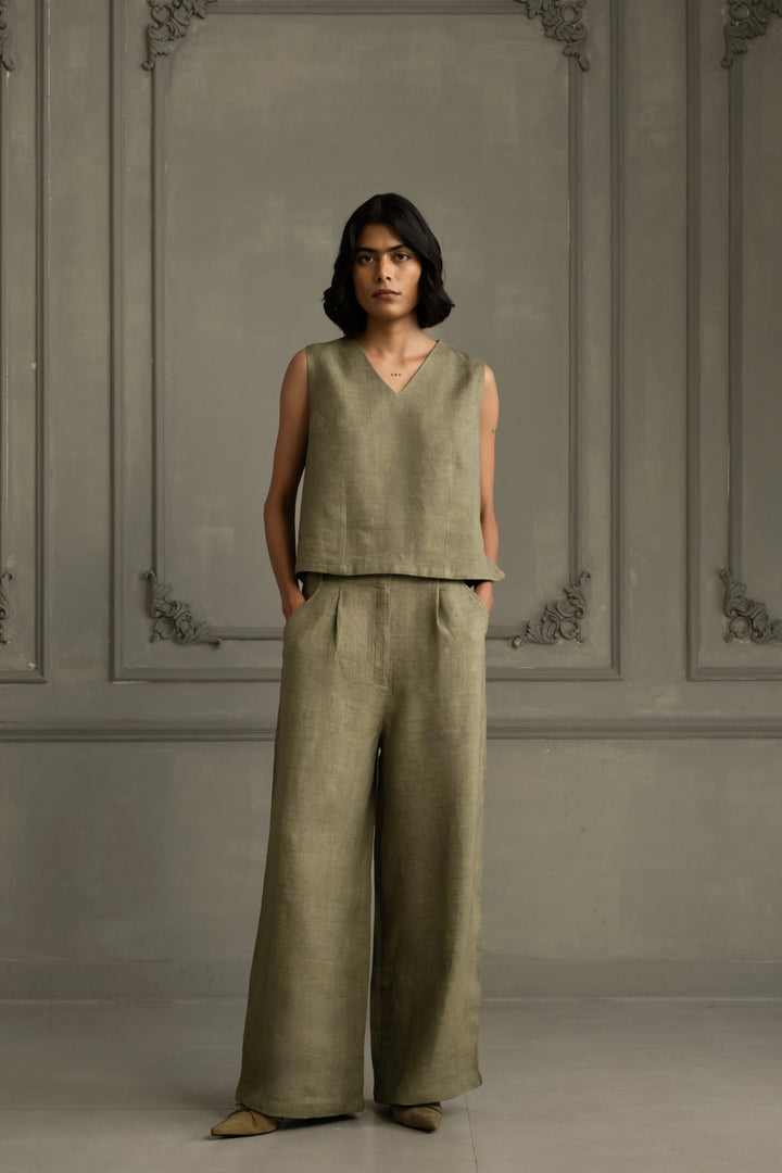 Sage Green Applique Work Embroidered Jacket With Top and Flared Pant in Linen