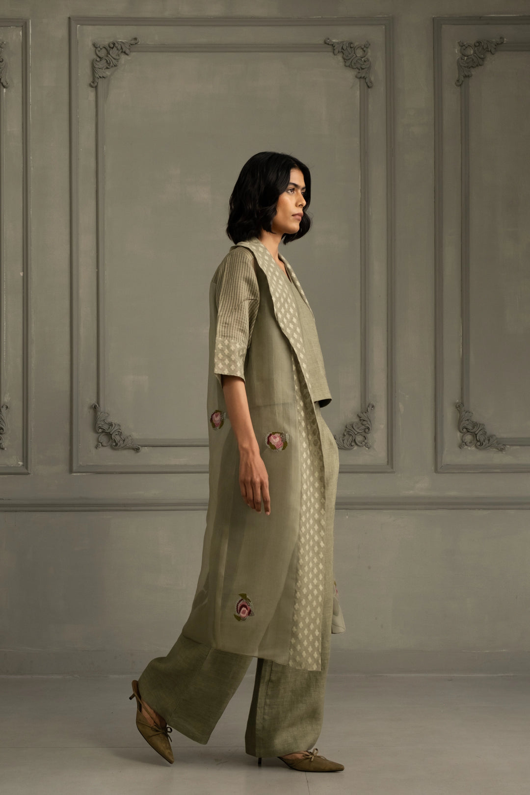 Sage Green Applique Work Embroidered Jacket With Top and Flared Pant in Linen