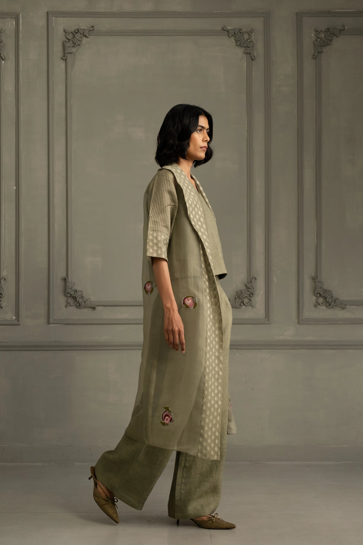 Sage Green Applique Work Embroidered Jacket With Top and Flared Pant in Linen