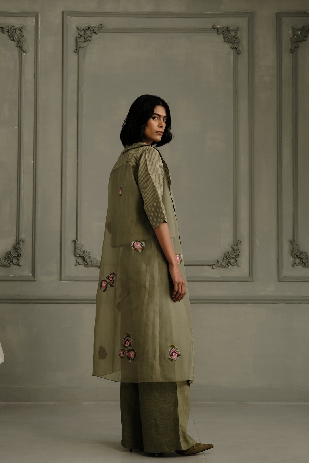 Sage Green Applique Work Embroidered Jacket With Top and Flared Pant in Linen