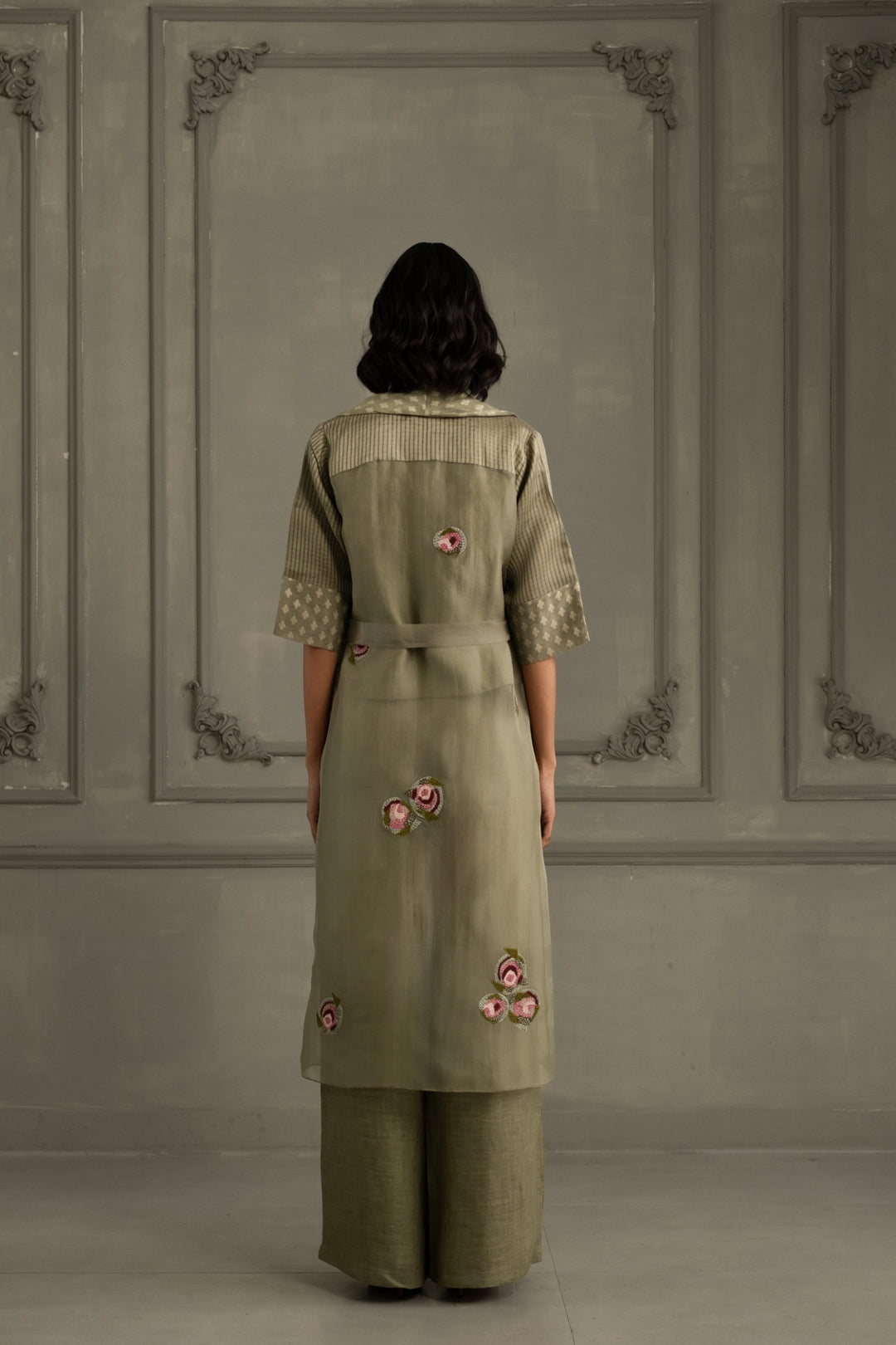 Sage Green Applique Work Embroidered Jacket With Top and Flared Pant in Linen