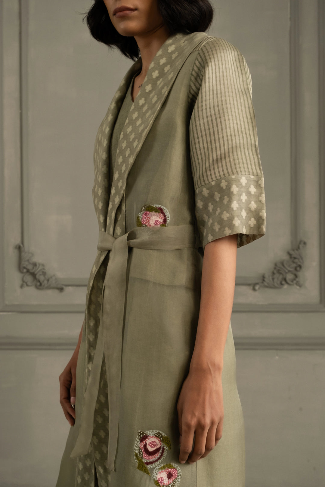Sage Green Applique Work Embroidered Jacket With Top and Flared Pant in Linen