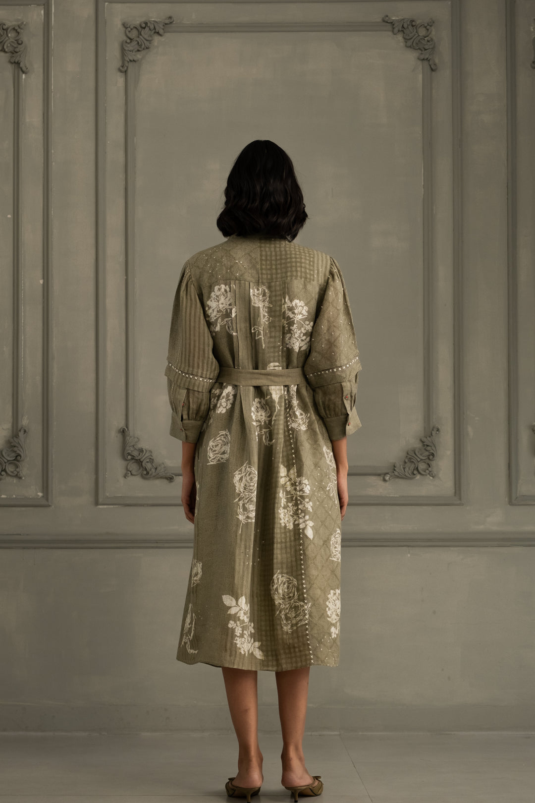 Sage Green Discharge Print Dress in Gauze Linen With Belt and Embroidery