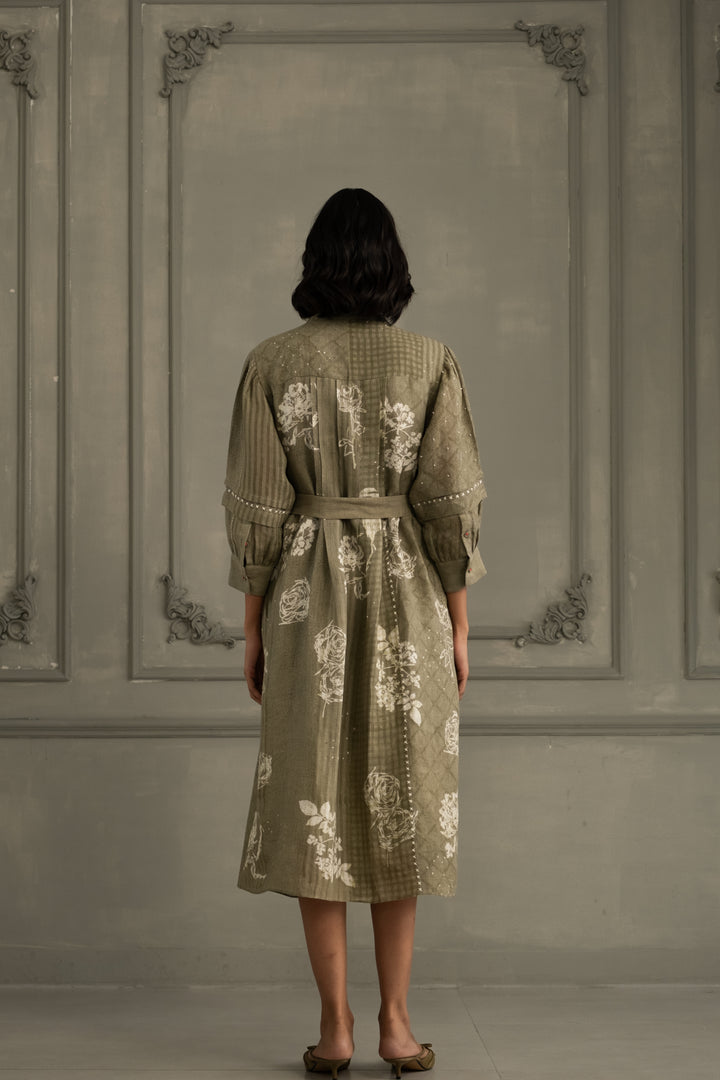 Sage Green Discharge Print Dress in Gauze Linen With Belt and Embroidery