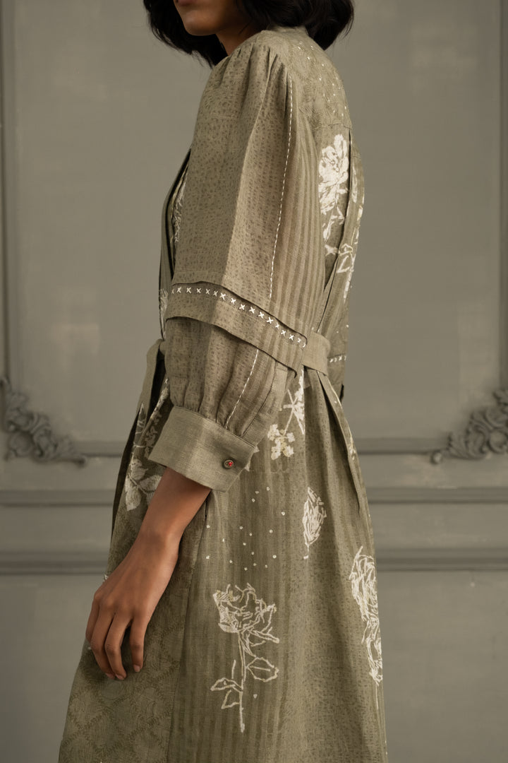 Sage Green Discharge Print Dress in Gauze Linen With Belt and Embroidery