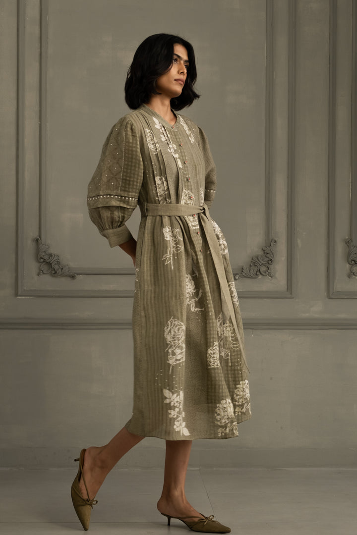 Sage Green Discharge Print Dress in Gauze Linen With Belt and Embroidery