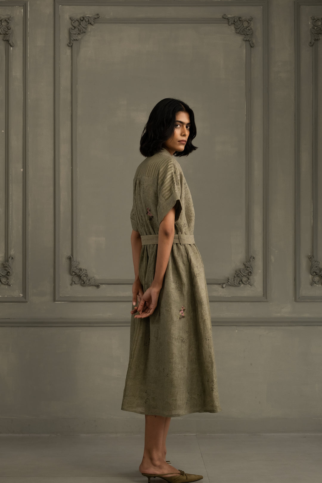 Sage Green Dress in Gauze Linen With Belt and Embroidery