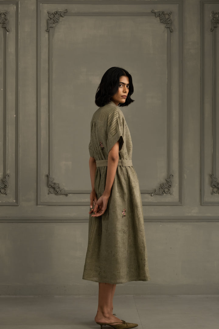 Sage Green Dress in Gauze Linen With Belt and Embroidery