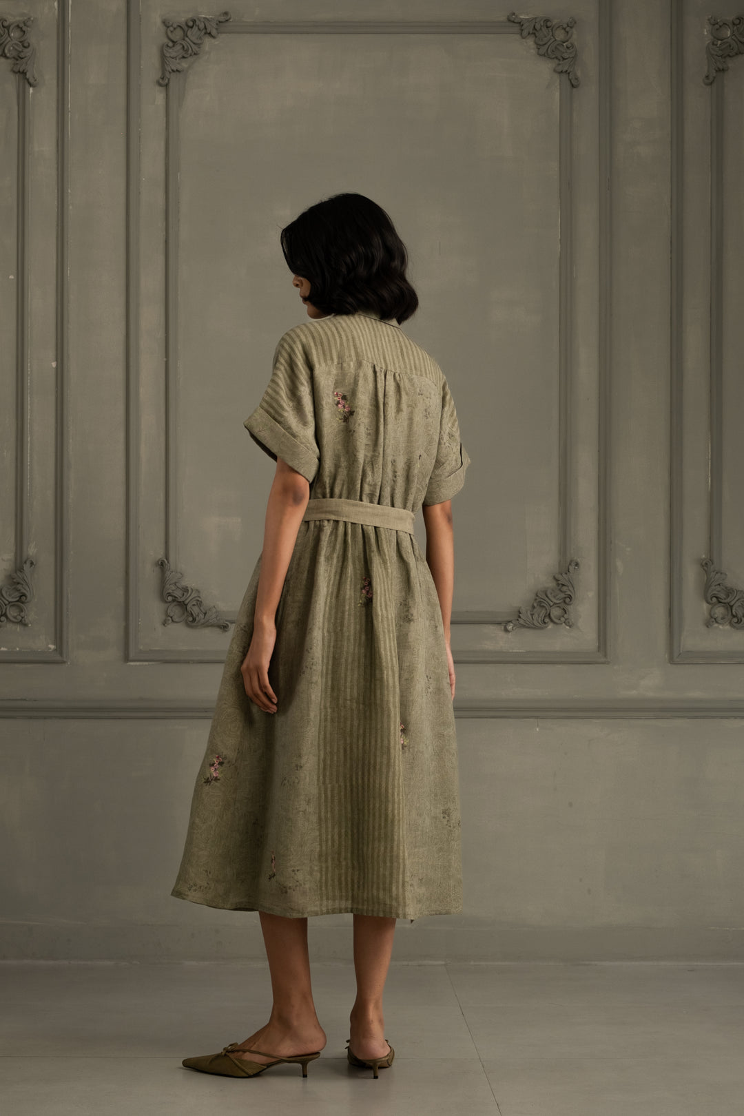 Sage Green Dress in Gauze Linen With Belt and Embroidery