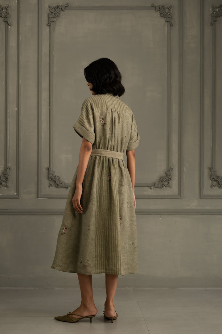 Sage Green Dress in Gauze Linen With Belt and Embroidery