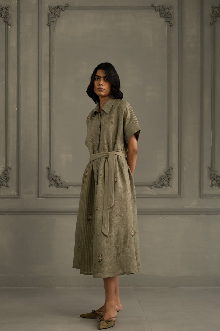 Sage Green Dress in Gauze Linen With Belt and Embroidery
