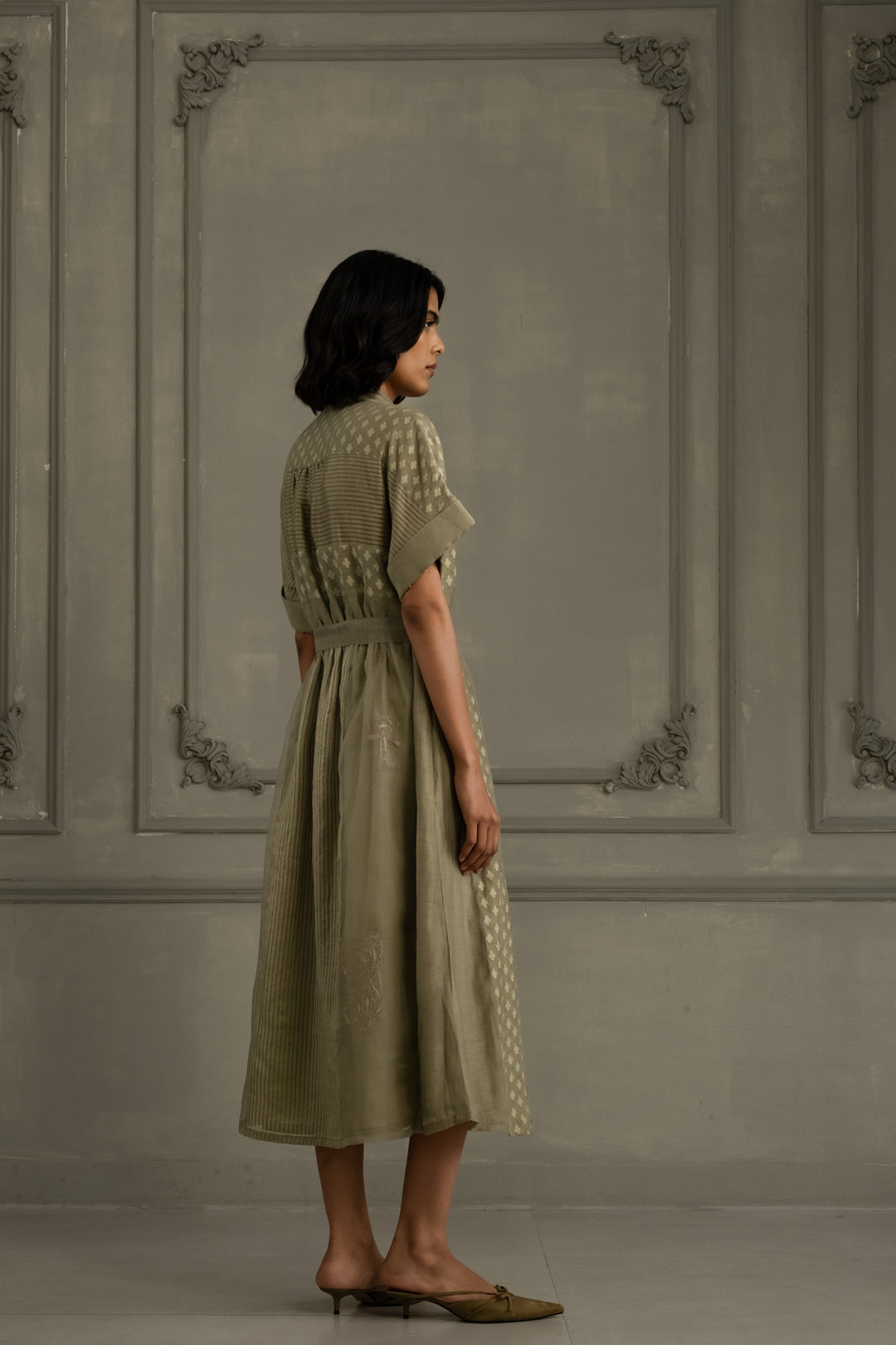 Sage Green Lace Dress With Belt and Embroidery