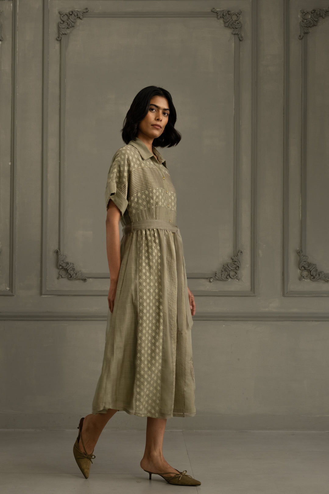 Sage Green Lace Dress With Belt and Embroidery