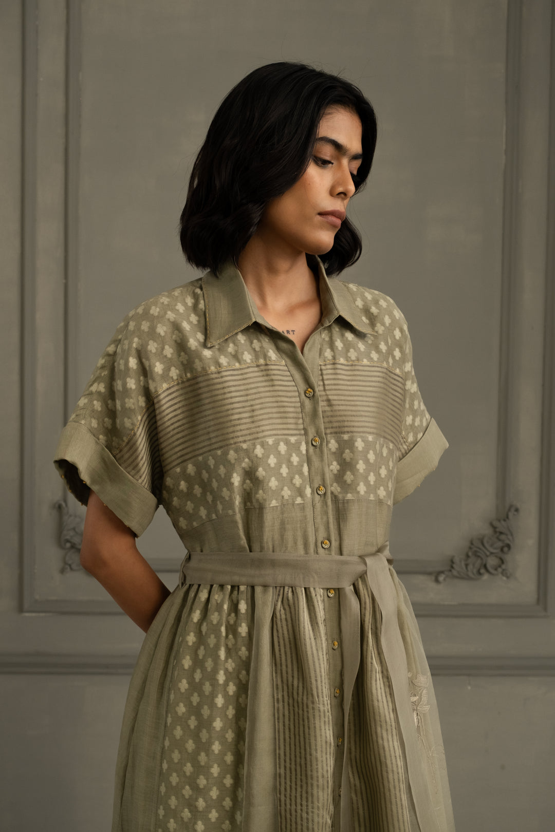 Sage Green Lace Dress With Belt and Embroidery