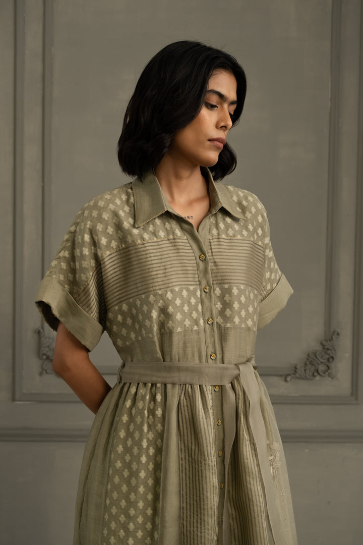 Sage Green Lace Dress With Belt and Embroidery